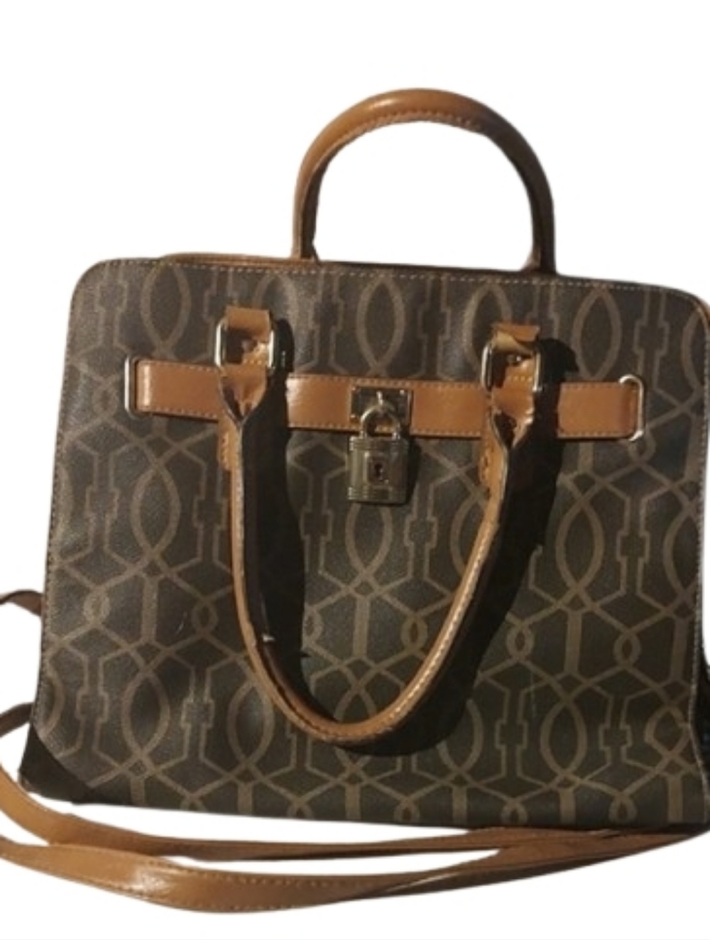 Brown And Tan Leather Handbag Multiple Enclosures Chain Strap Detail